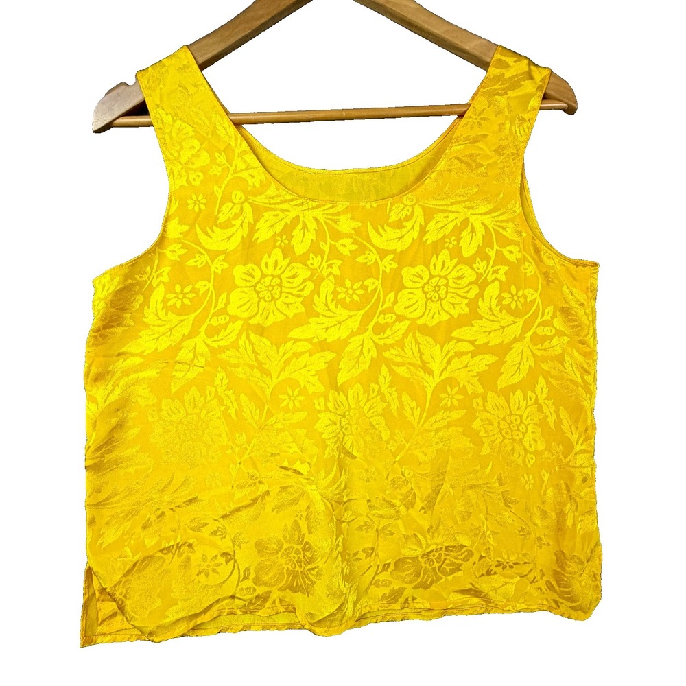Vintage Secretary Shell Tank Top Womens Med Bright Yellow Floral Jacquard Office